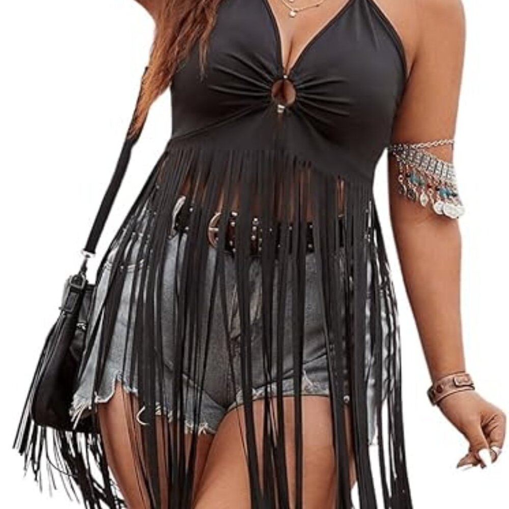 Women's Plus Size Fringe Western Top View 2